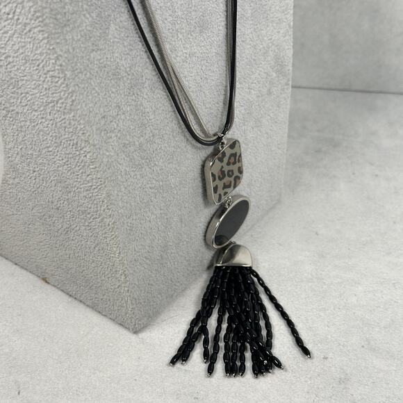 Chico's Reversible Pendant Necklace Womens Long Tassel Leopard Rhinestone Black - Picture 4 of 7